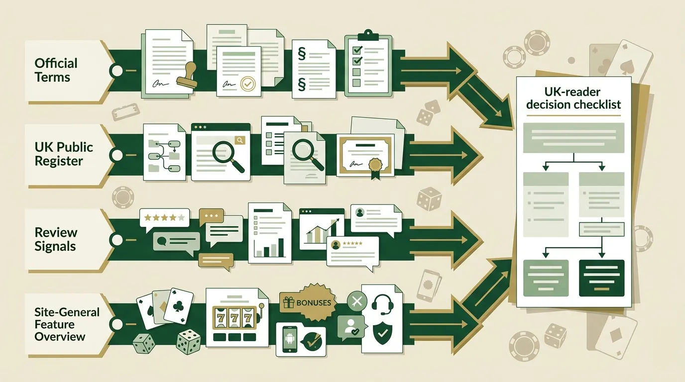Flowchart illustration of official terms, UKGC register, review signals and feature overview for Tikitaka checks